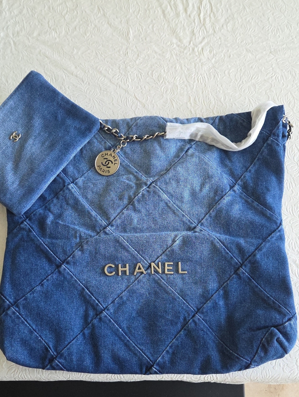 NWOT Quilted Denim Tote in Blue with Chain Strap
